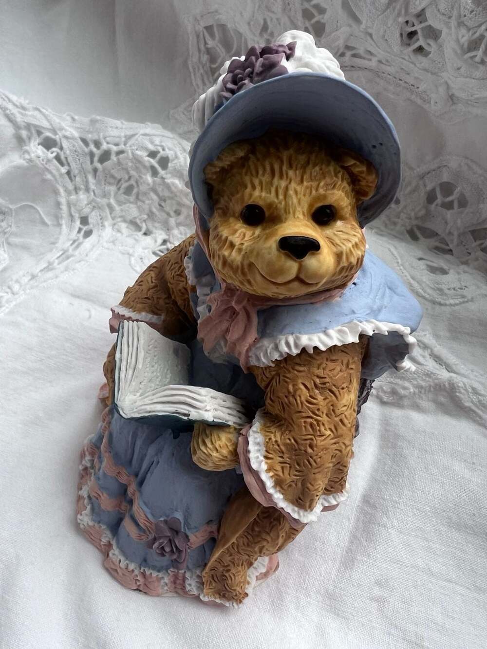 Vintage Teddy Bear Figurine Reading a Book with Bonnet